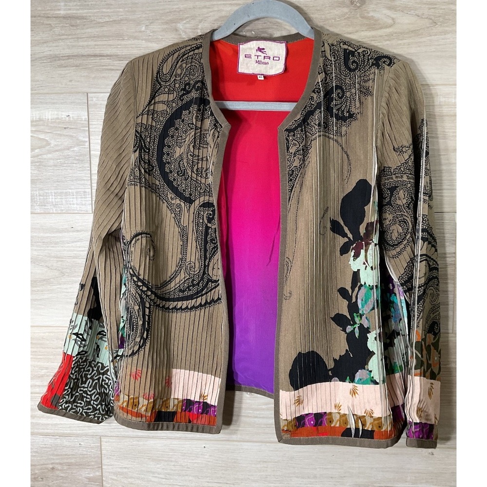 ETRO Milano Open Front Pleated Jacket Floral Paisley 42 M Boho Luxury Kimono